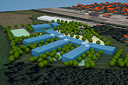 Variante A: 3D-Modell Städtebaulicher Entwurf für Berufsschulzentrum in Grafing-Bahnhof © Planungsverband Äußerer Wirtschaftsraum München (PV)