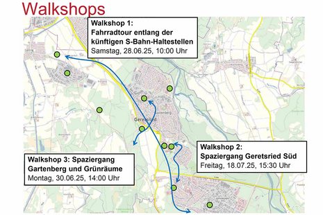 Karte von Geretsried mit den Stationen und Terminen für 3 Walkshops