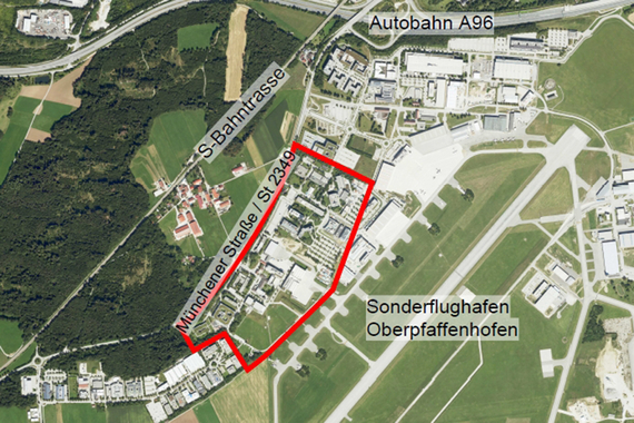 Luftbild mit roter umrandeter Fläche
