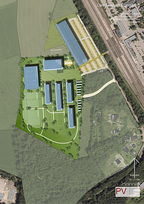 Variante B: Blick von oben auf den städtebaulichen Entwurf für Berufsschulzentrum in Grafing-Bahnhof © Planungsverband Äußerer Wirtschaftsraum München (PV) Variante B: Blick von oben auf den städtebaulichen Entwurf für Berufsschulzentrum in Grafing-Bahnhof © Planungsverband Äußerer Wirtschaftsraum München (PV)