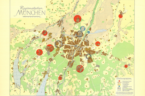 Plan mit roten Punkten und braunen Flächen