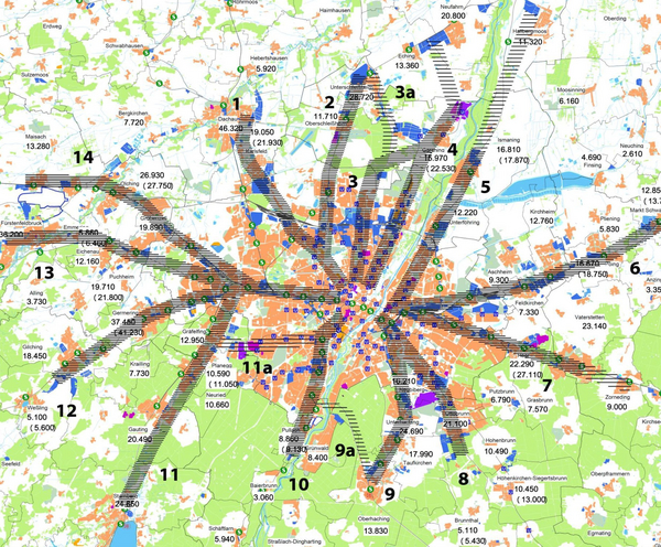 Karte der Region München mit Korridoren für Radschnellverbindungen