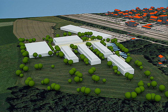 Variante B: 3D-Modell Städtebaulicher Entwurf für Berufsschulzentrum in Grafing-Bahnhof © Planungsverband Äußerer Wirtschaftsraum München (PV)