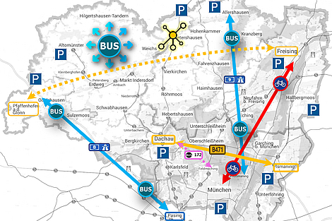 Karte der Pilotprojekte des Verkehrskonzepts München Nord © Landratsamt Dachau