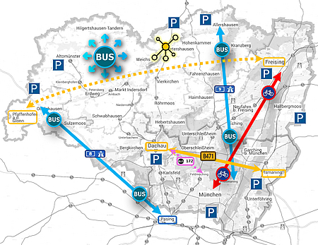 Karte der Pilotprojekte des Verkehrskonzepts München Nord © Landratsamt Dachau
