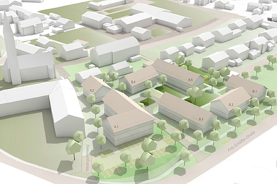 Visualisierung (Perspektive Nord-Ost) für die neue Ortsmitte Ostermünchen, Gemeinde Tuntenhausen © Planungsverband Äußerer Wirtschaftsraum München (PV)