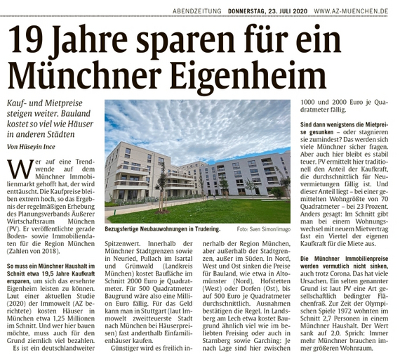 Pressebericht Boden- und Immobilienpreise erschienen in der Abendzeitung München, vom 23. Juli 2020